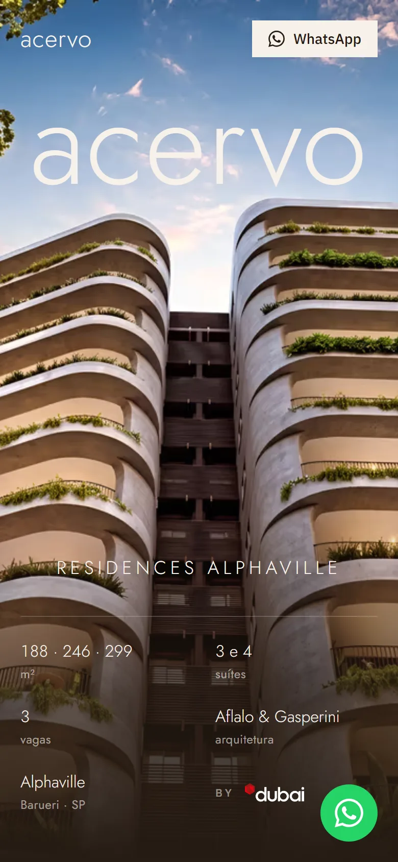 Site do Acervo Residences aberto no celular